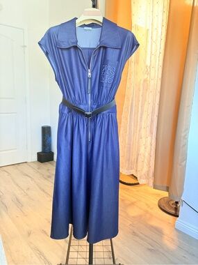 Loewe Blue Zip-Front Midi Dress with Signature Embroidery